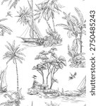 Black and white seamless pattern in classic Toile de Jouy style featuring tropical island landscapes with palm trees, sailboats, exotic birds and a small house near the water. Detailed vintage engraving illustration inspired by traditional French textile patterns. Elegant monochrome tropical scenery ideal for fabric, wallpaper and decorative surface design.