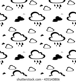 black and white seamless pattern with clouds, rain and sun. Weather