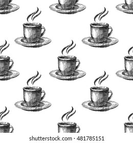 Black and white seamless pattern with coffee cups