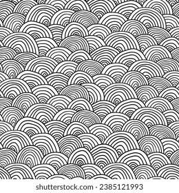 Black and white seamless pattern for coloring book in doodle style. Swirls, ringlets, waves.