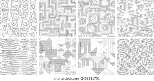 Black and white seamless pattern for coloring book in doodle style. Circles, triangles, quadrangles, hexagons, hearts, polygons, crosses.