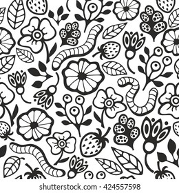 Black and white seamless pattern for coloring. Vector illustration of ground in the garden.
