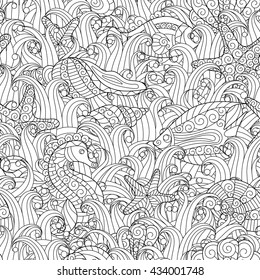 Black and white seamless pattern for coloring book. Sea shells, starfish, sea horse, fish between seaweed. Doodle hand drawing background