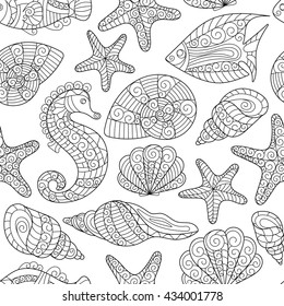 Black and white seamless pattern for coloring book. Sea shells, starfish, sea horse, fish doodle hand drawing background