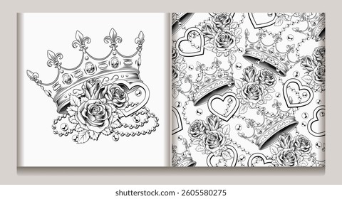 Black and white seamless pattern, composition with crown, scattered jewelry, pearl necklaces, bouquet of roses. Chaotic scattered objects on white background. Vintage style
