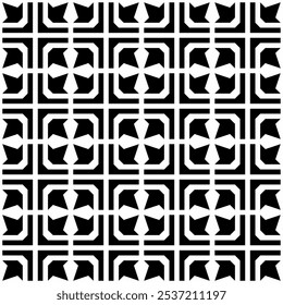 Black and white seamless pattern consisting of geometric elements and symmetrical abstract shapes in a grid layout. Suitable for backgrounds, textiles, wallpapers, wrapping, etc.