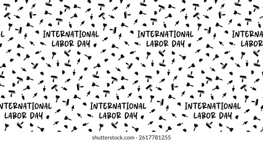 black and white seamless pattern with construction tools. International worker day background
