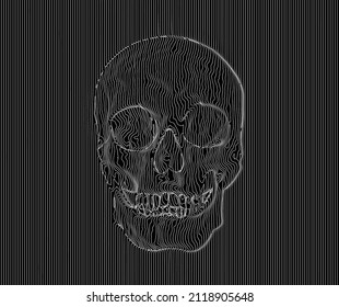 Black and white seamless pattern of continuous vertical line in relief shape of a skull.
