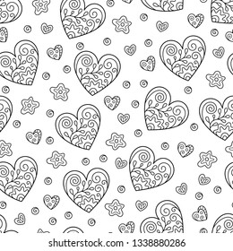 Black and White Seamless Pattern of Contour Hearts on White Backdrop. Continuous Asymmetric Hand-drawn Background in Doodle Style for Page of Coloring Book.