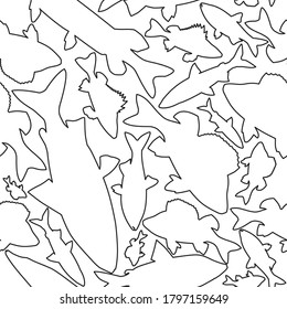 Black and white seamless pattern from the contour of different northern fish.