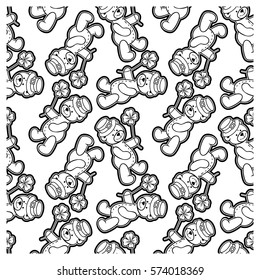 Black and white seamless pattern with contour of teddy bear wearing leprechaun hat. Vector clip art.