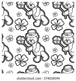 Black and white seamless pattern with contour of teddy bear wearing leprechaun hat. Vector clip art.