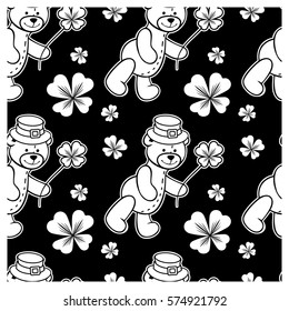 Black and white seamless pattern with contour of teddy bear wearing leprechaun hat. Vector clip art.
