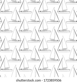 black and white seamless pattern contours of sailboats arranged in rows on a white background