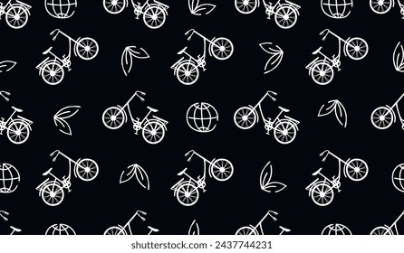 Black white seamless pattern with contours of  bicycle, globe and leaves.Background with environmentally friendly form of transport for travel.Linear objects print on fabric and paper,banner template.