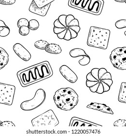 black and white seamless pattern of cookies with hand drawn style