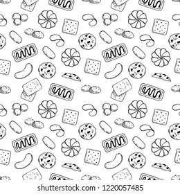 black and white seamless pattern of cookies with hand drawn style on white background