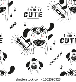 Black and white seamless pattern with cool dogs and music theme in Scandinavian style. Vector Illustration. Kids illustration for nursery art. Great for baby clothes, greeting card, wrapping paper.