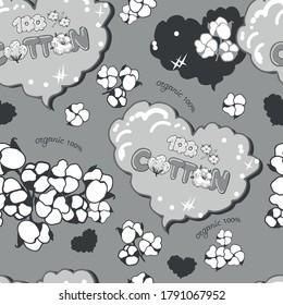 Black and  white seamless pattern with cotton flowers and heards,Vector illustration