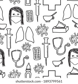 Black and white seamless pattern COVID-19 theme with facemasks, vaccine injection, coronavirus cells, lungs, pills, sthethoscope, nose drops.