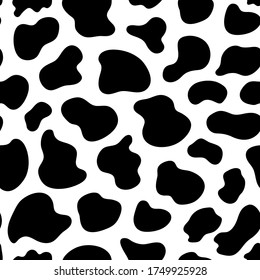 Black and white seamless pattern with cow texture. Black spots animal skin background. Vector illustration