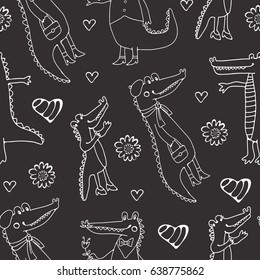 Black and white seamless pattern with crocodiles