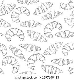 Black and white seamless pattern with croissants. Contour drawing of baking on a white background. Template for cafe, menu, paper.