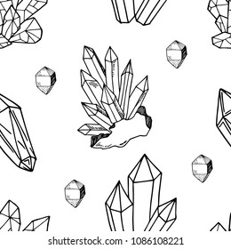 Black and white seamless pattern with crystals and jewels, sketches hand drawing, vector illustration