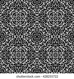 Black and white seamless pattern, curly vector ornament