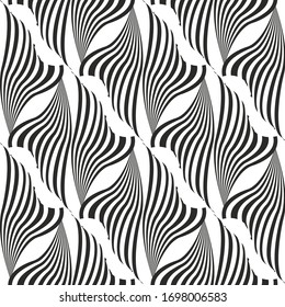 Patrón blanco y negro sin fisuras de cola curva en forma de hombus. Aplicación - enrejado, papel pintado, textura, tela, embalaje, postal, azulejos cerámicos, plástico.
