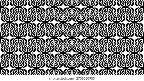 Padrão sem costura preto e branco com formas geométricas curvas, em forma de folha, dispostas em linhas fluidas.