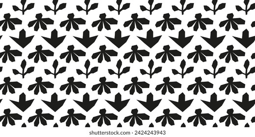 Black and white seamless pattern with cut out flowers, leaves and twigs. Boho contemporary minimalist background.