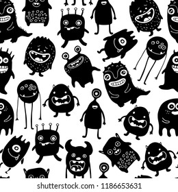 black and white seamless pattern with cute monsters
