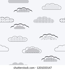 Black and white   seamless  pattern with cute clouds . Vector  illustration.