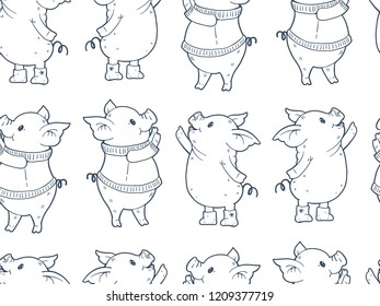 Black and white Seamless pattern with cute cartoon pigs.  Vector illustration.