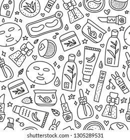 Black and white seamless pattern with cute doodle outline asian cosmetics.