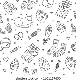 Black and white seamless pattern with cute outline doodles for Hygge Valentine's day.