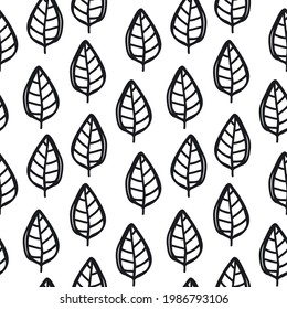 black and white seamless pattern with cute leaves, endless repeatable texture