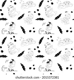 Black and white seamless pattern with cute characters of turtles on rollers, meditating, sleeping. Vector endless texture for childish design in cartoon hand drawn style