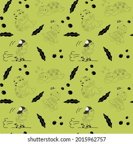 Black and white seamless pattern with cute characters of turtles on rollers, meditating, sleeping. Vector endless texture for childish design in cartoon hand drawn style