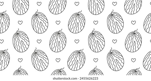 Black and white seamless pattern with cute doodle outline watermelons, hearts.