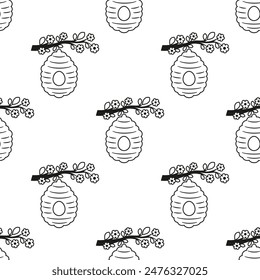 black and white seamless pattern with cute beehive on branch