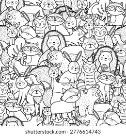 Black and white seamless pattern with cute forest animals. Adorable woodland characters background for coloring book. Vector illustration