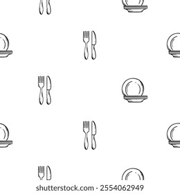 Black and white seamless pattern with cutlery, fork, knife and plates. Vector background for design of kitchen, cafe, restaurant, wrapping paper, print 