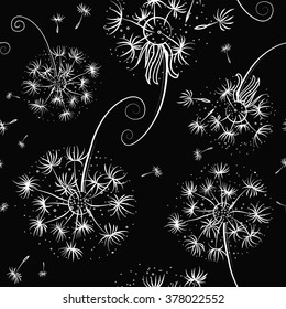 Black and white seamless pattern with dandelions and seeds flying