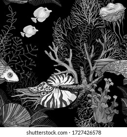 Black and white Seamless pattern with dark ocean night, hand drawn marine life, vector illustration