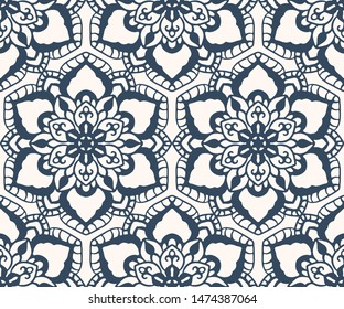 Black and white seamless pattern with decorative circles in the style of a mandala.  Vector illustration.