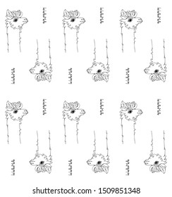 Black and white seamless pattern with decorative illustration llama and letters of the word llama..
