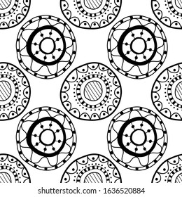 Black and white seamless pattern of decorative circles. Abstract, fantasy items for coloring book