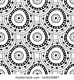 Black and white seamless pattern of decorative circles. Abstract, fantasy items for coloring book
